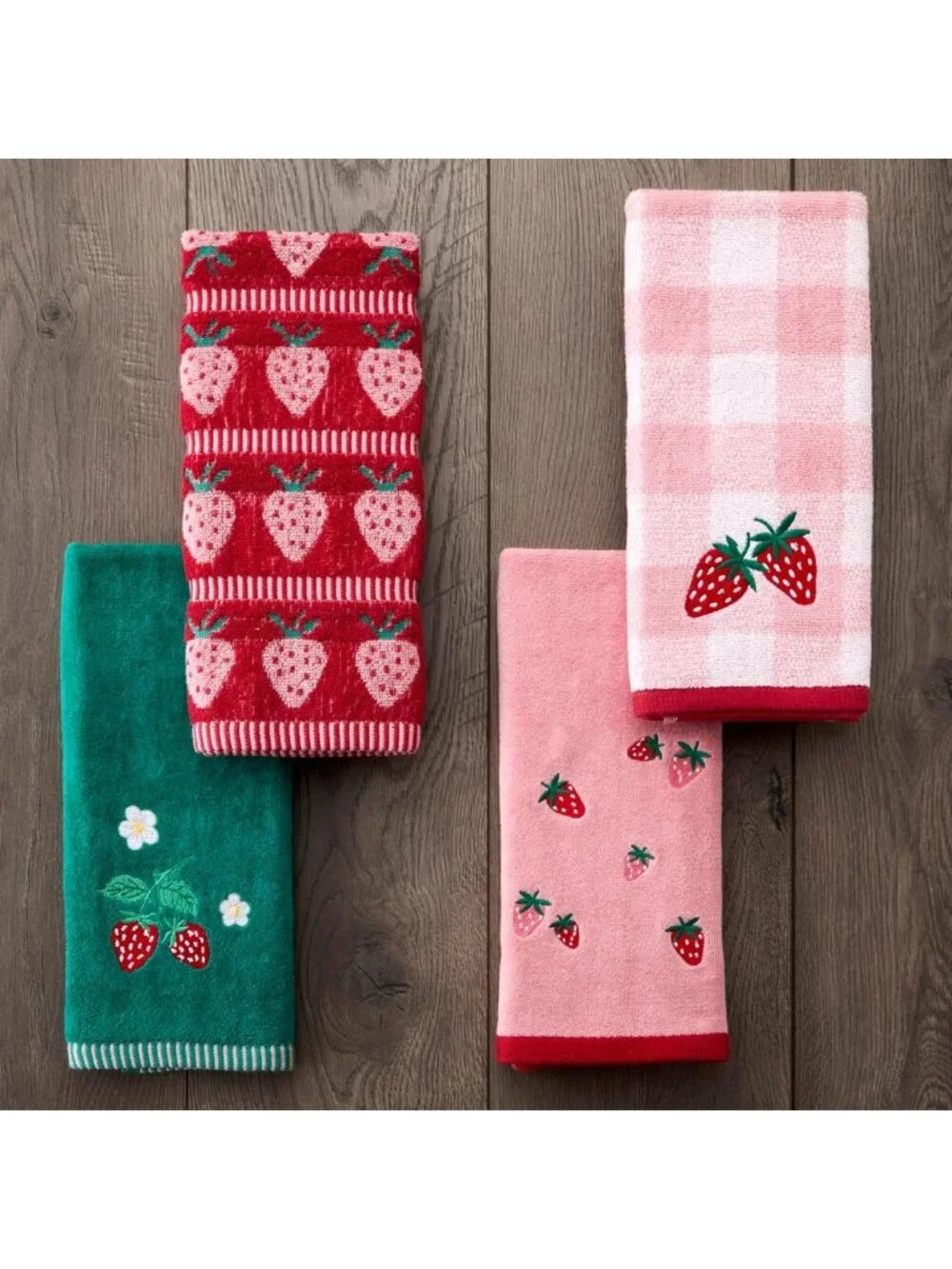 2pc Strawberry Jacquard Hand Towel Set, Soft 100% Cotton, Red Kitchen Decor